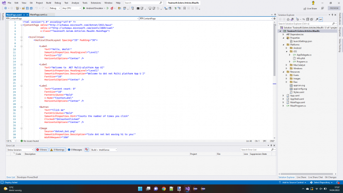 Ansicht eines initialen Projekts mit .NET MAUI in Visual Studio 2022 Version 17.2 Preview 3 unter Windows 11 (Bild: Fabian Deitelhoff)
